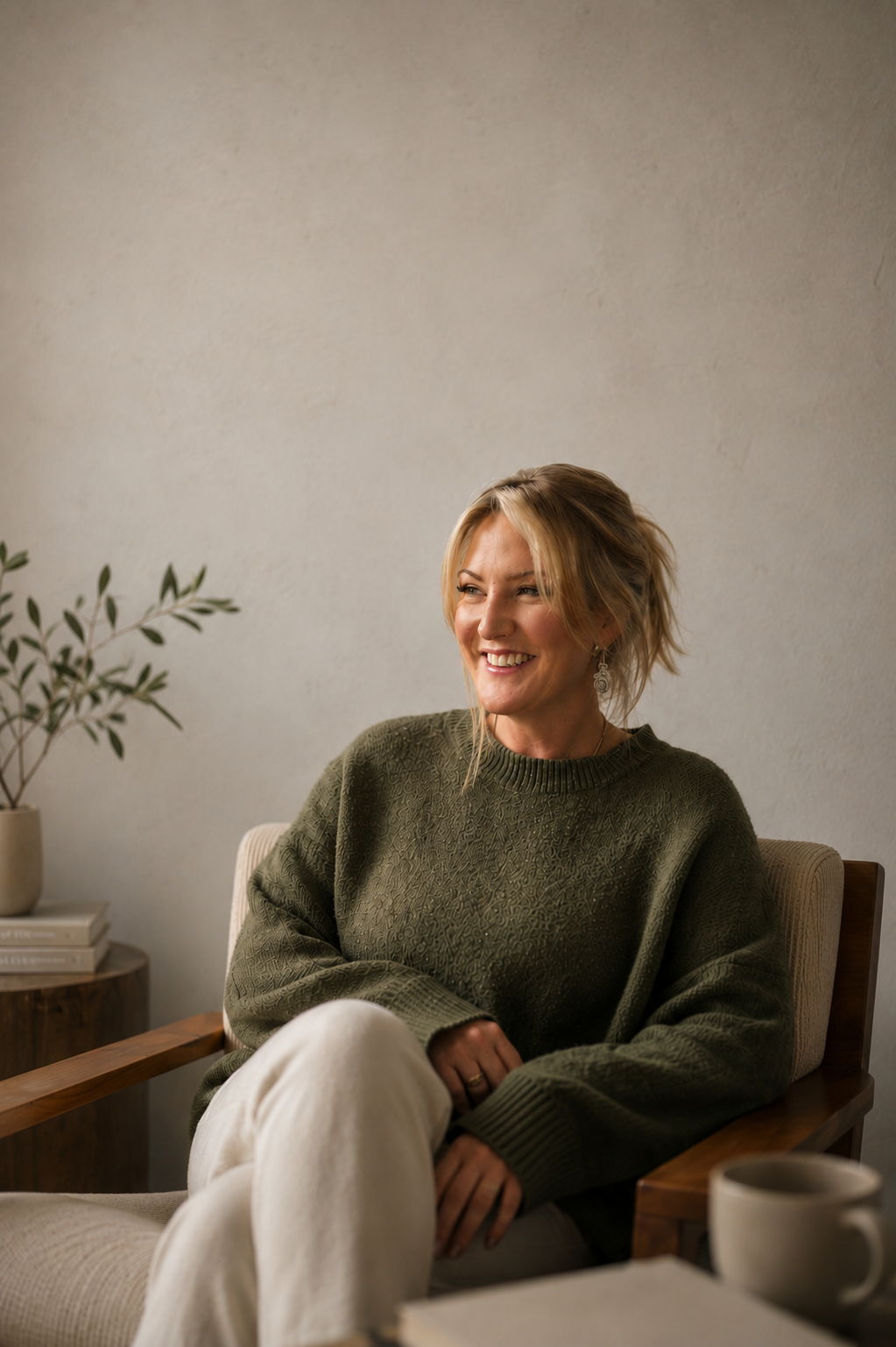 A woman with blonde hair wearing a green sweater, sitting on a wooden chair in a cozy room, smiling and looking to her right with a potted plant and books on a side table in the background.