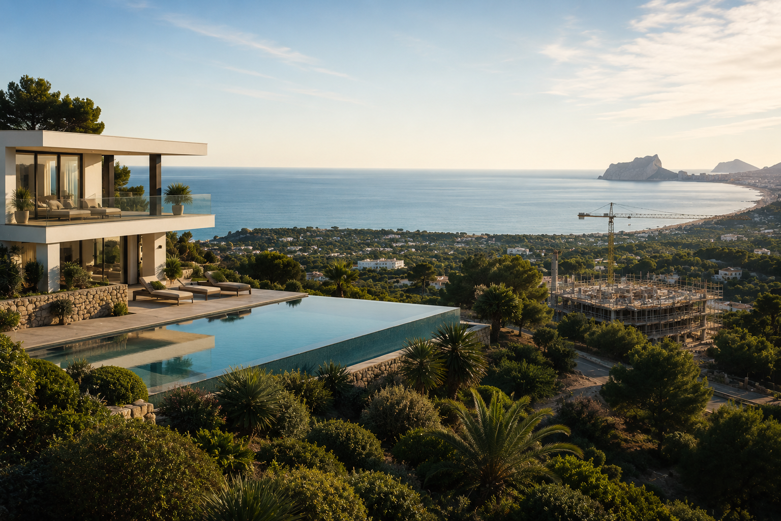 Luxury coastal villa in Spain with panoramic sea views overlooking nearby undeveloped land with visible future construction activity and development risk.