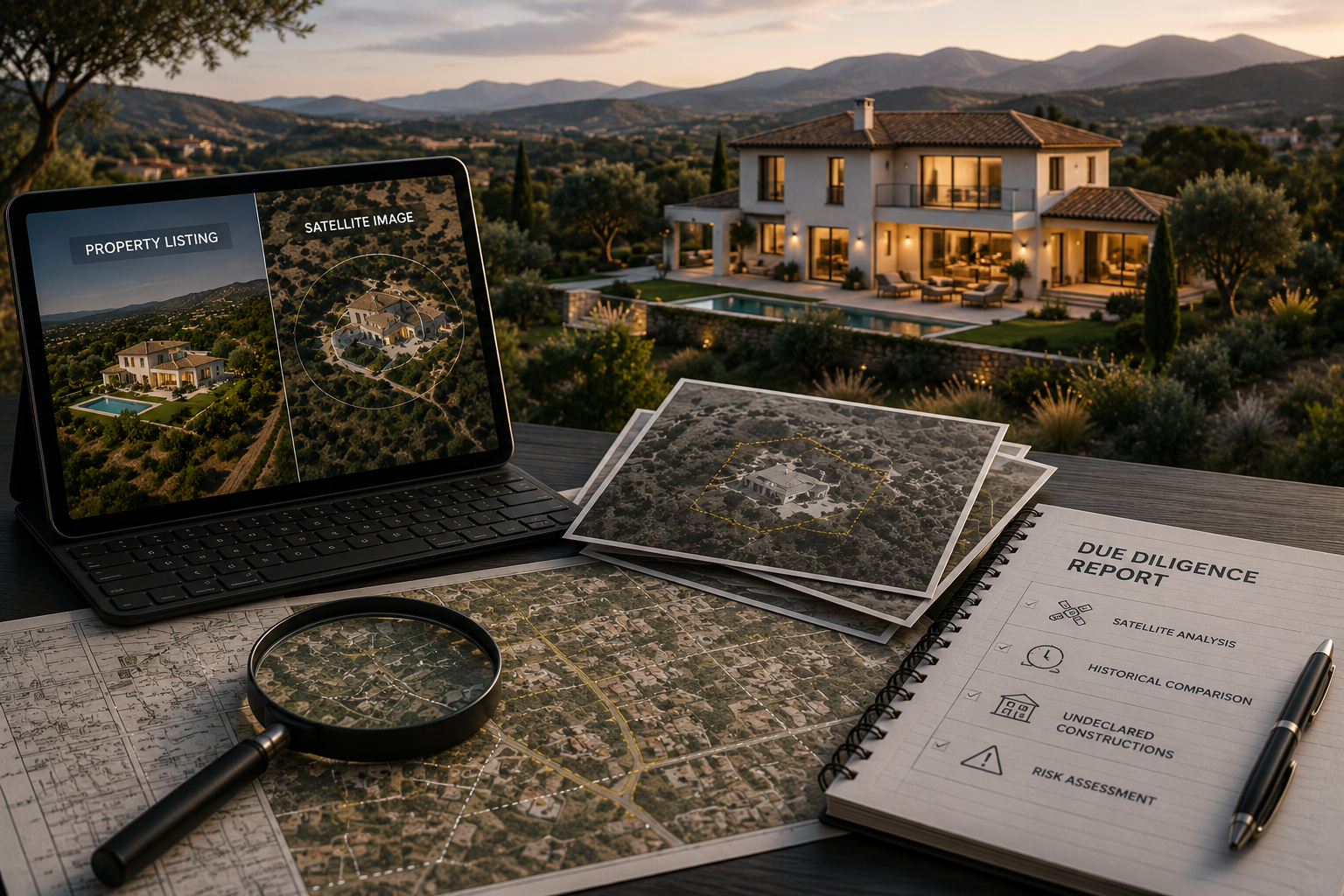 Historical satellite imagery analysis of a rural property in Spain showing construction changes, swimming pool additions, and property evolution over time during due diligence review.