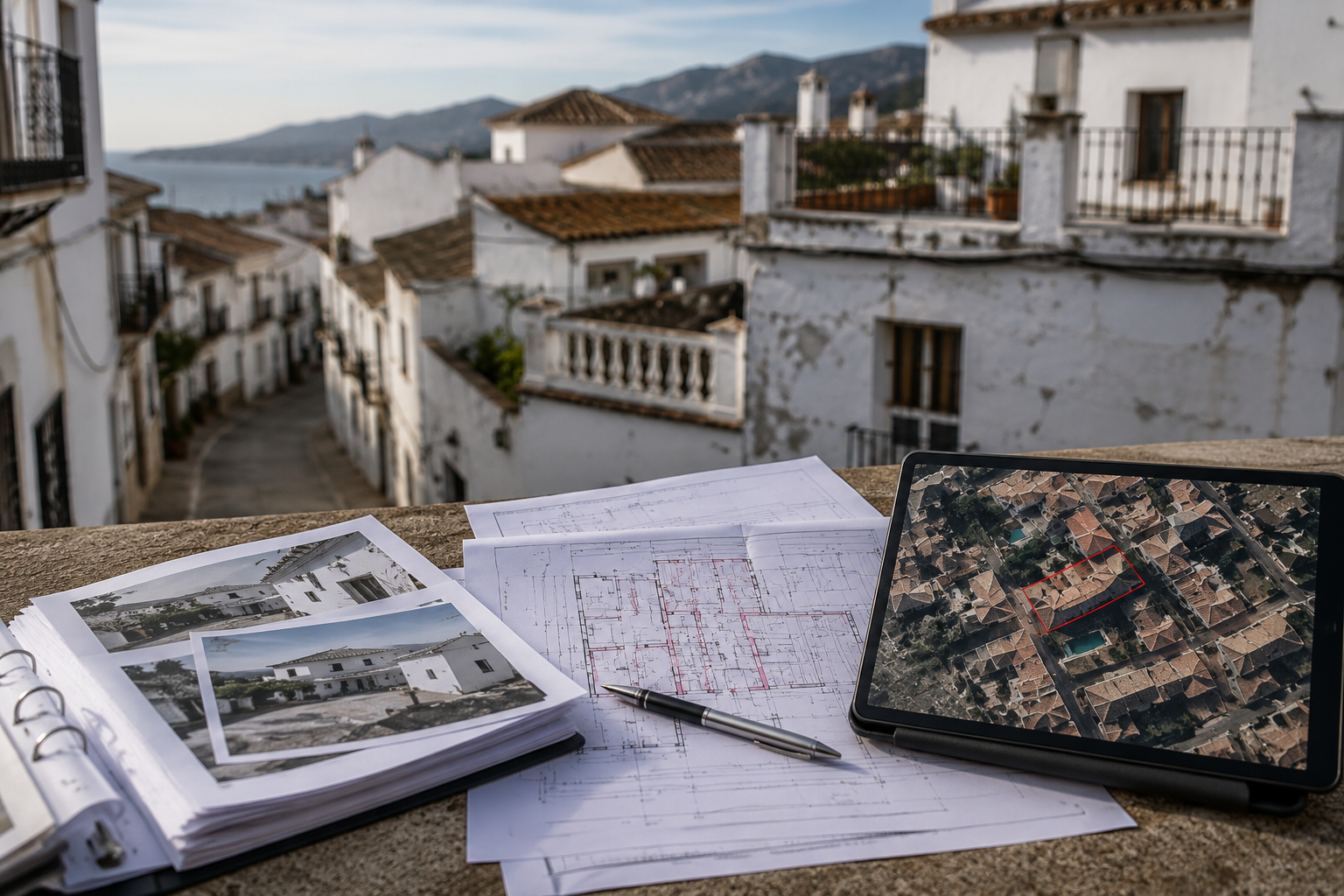Modern renovated Mediterranean property in Spain with layered cadastral maps, urban planning documents, and architectural overlays, representing hidden urban and administrative risks discovered during property due diligence.