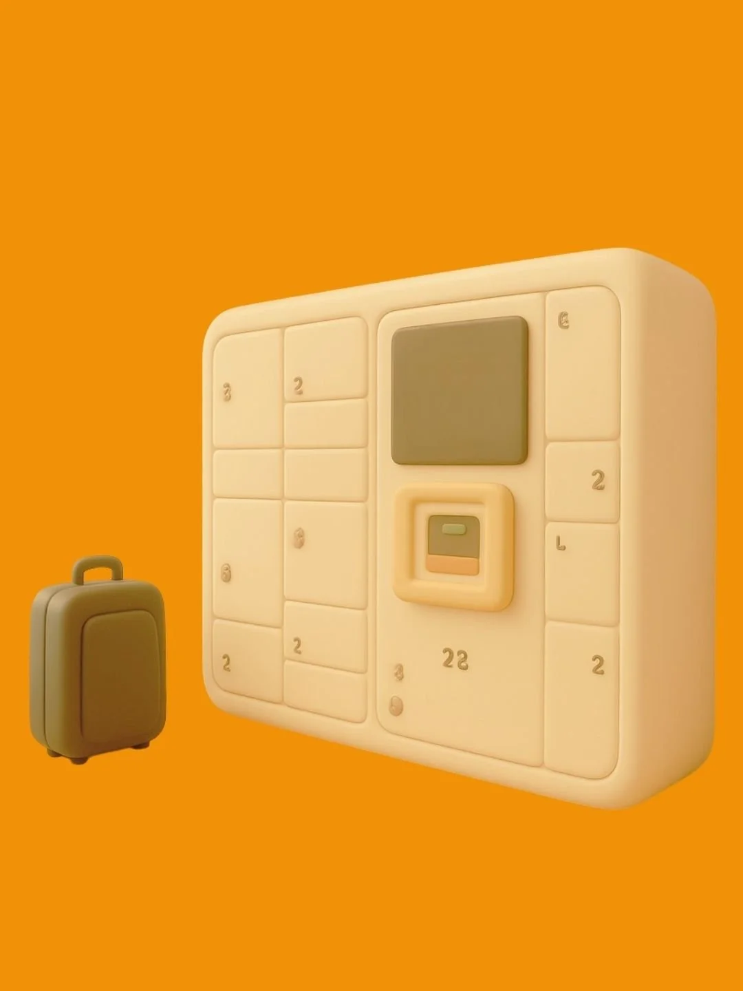 A modern, minimalist locker system with a compact luggage placed outside on the left, all set against a bright orange background.