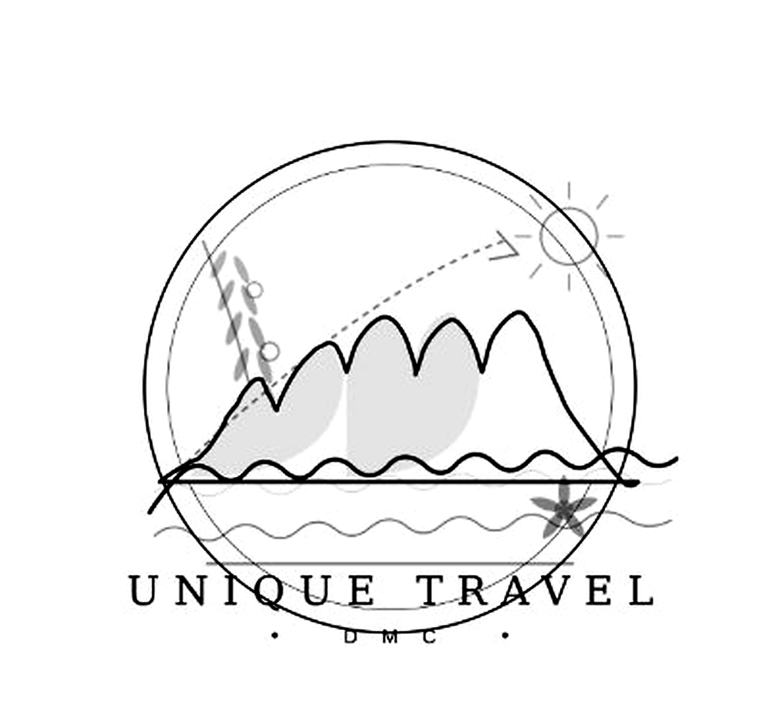 Logo featuring a circular design with a mountain and sun graphic at the top. The text reads 'THE UNIQUE TRAVEL' with smaller text below.
