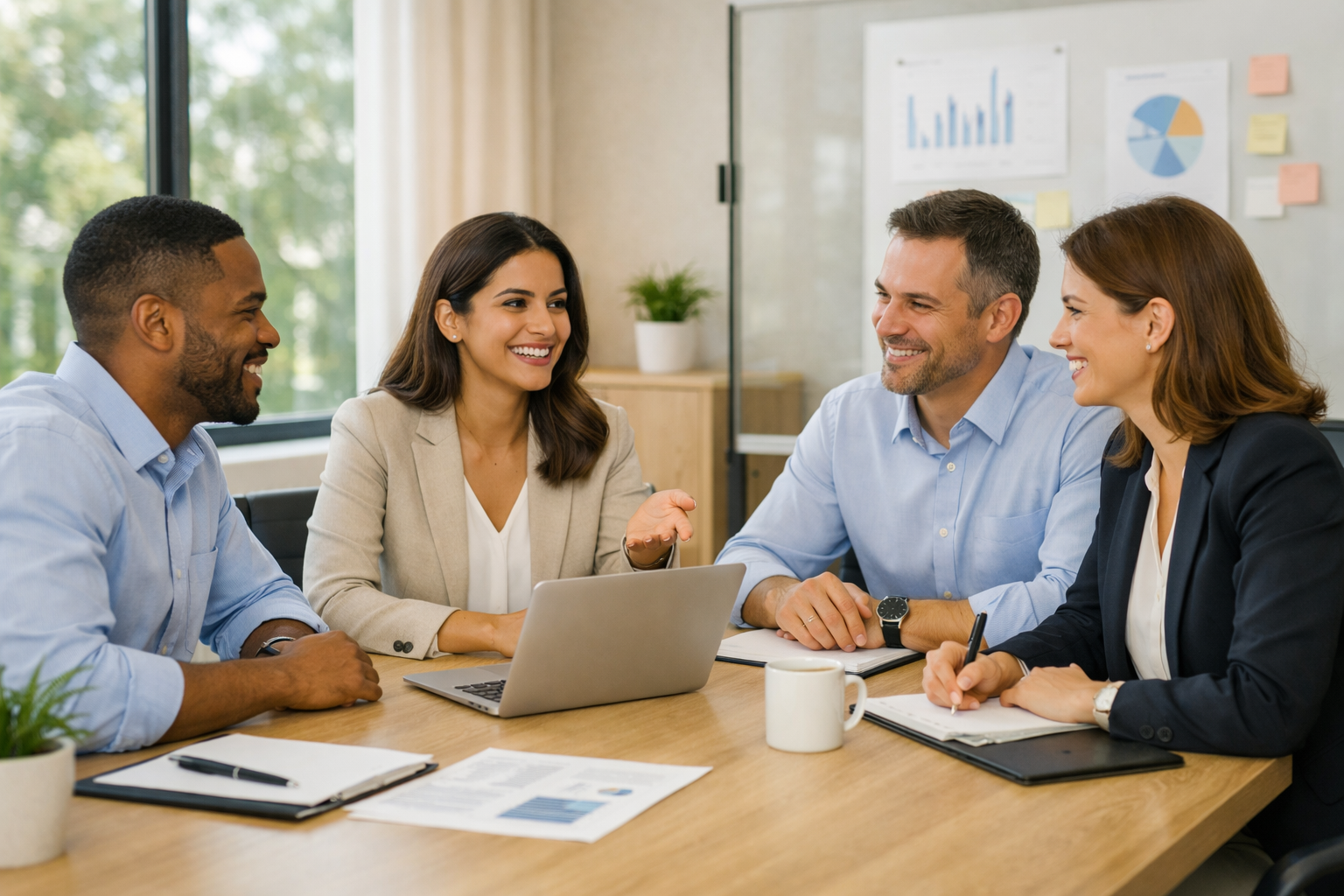 Four diverse professionals in business attire smiling and engaging in a discussion around a conference table in a modern office with charts on the wall.
