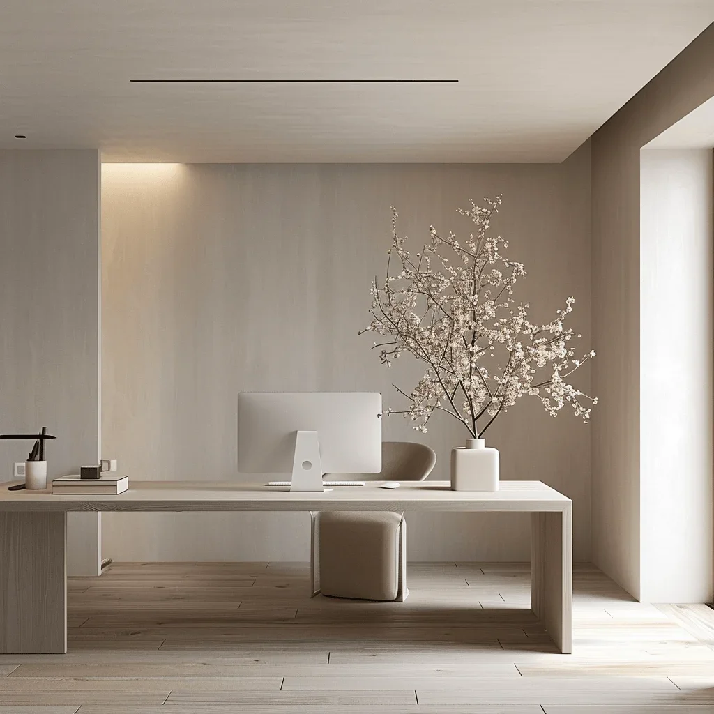 Minimalist office desk with a computer, a large white vase with blooming branches, and a chair in a bright room with natural light.