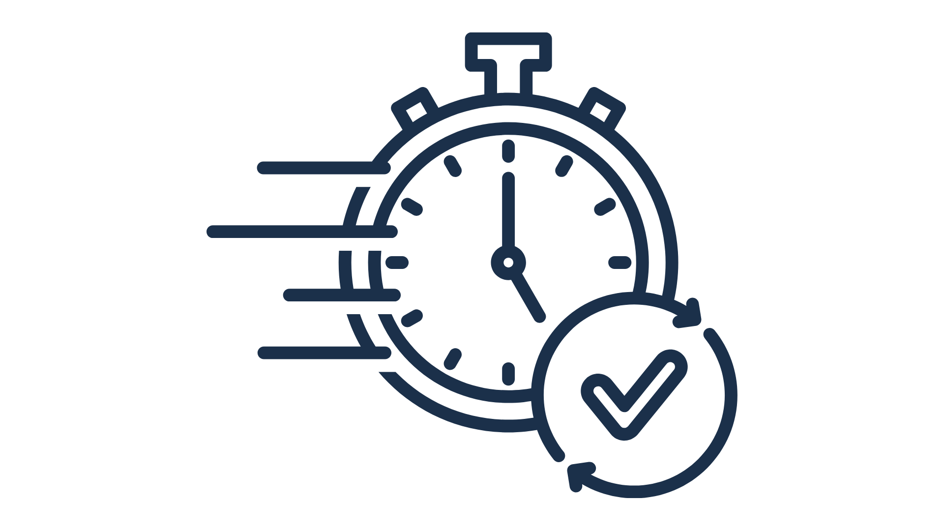 Une illustration d'une horloge avec des lignes de mouvement pour indiquer la vitesse, accompagnée d'une coche avec un cercle, symbolisant la gestion efficace du temps.