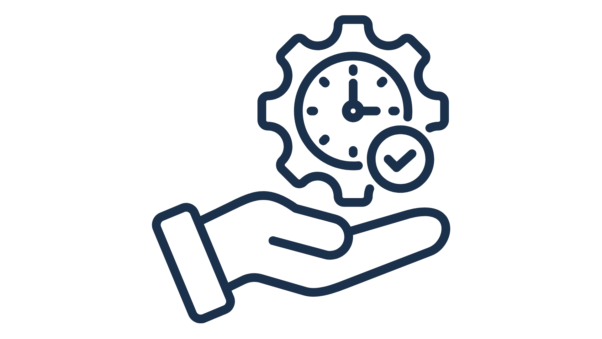 Une main tenant une pièce représentant une montre avec un engrenage et une coche, symbolisant la gestion du temps ou la maintenance.
