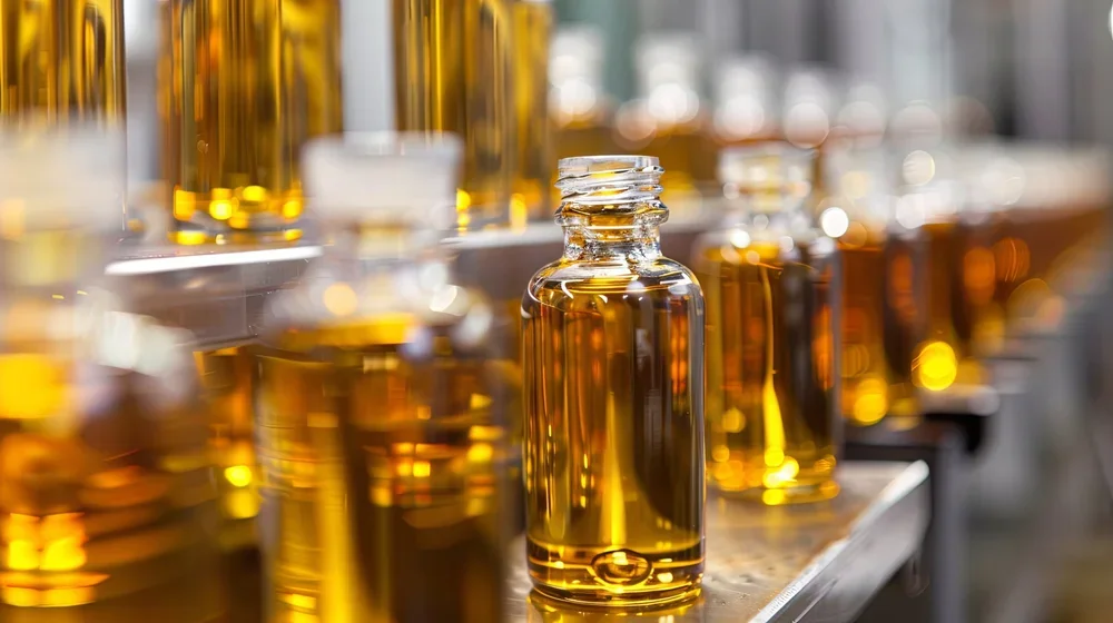 Several glass bottles filled with amber-colored liquid on a production line.