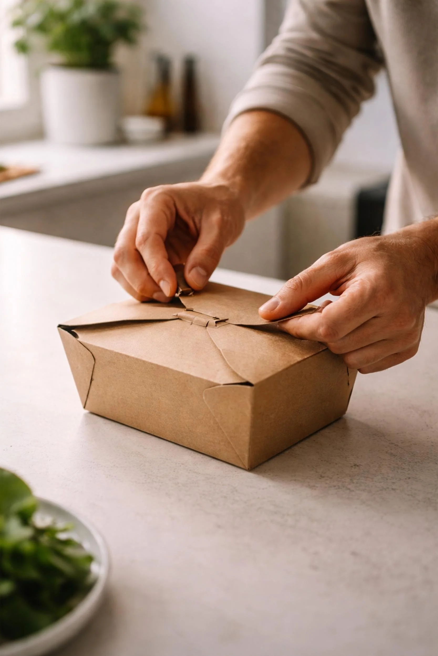 Hands taping a brown cardboard takeout box on a white countertop, with a blurred background of a kitchen and a plant in a white pot.