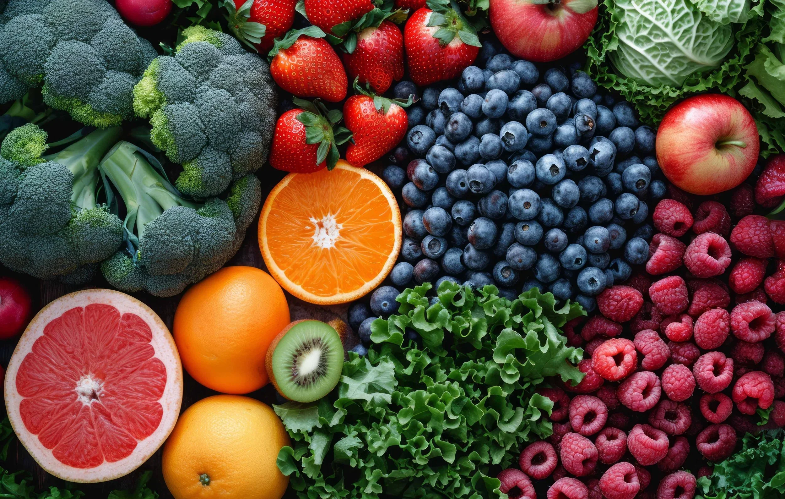 A colorful assortment of fresh fruits and vegetables including broccoli, strawberries, an apple, blueberries, oranges, a grapefruit half, a kiwi, and leafy greens.