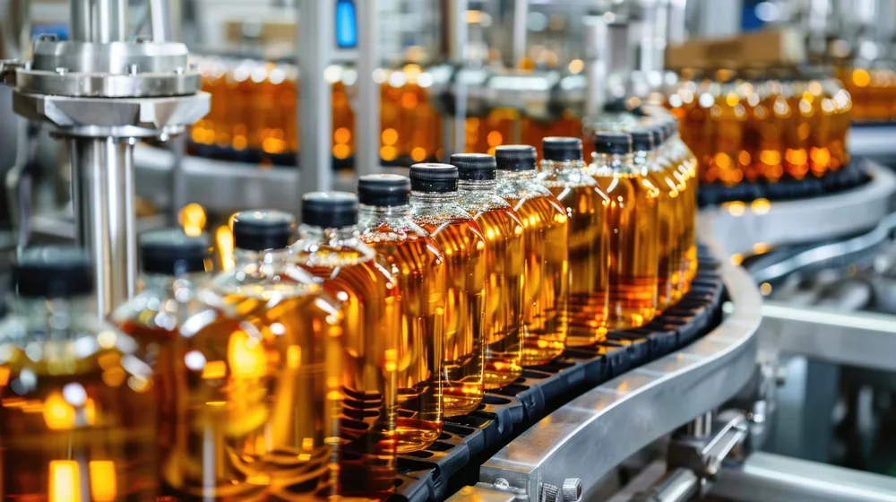 Bottles of caramel-colored liquid on a conveyor belt in a factory setting.