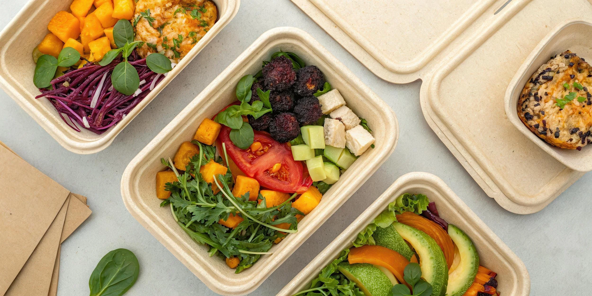 Assorted fresh salads in eco-friendly takeout containers, including ingredients like tomatoes, cucumbers, roasted vegetables, and leafy greens.