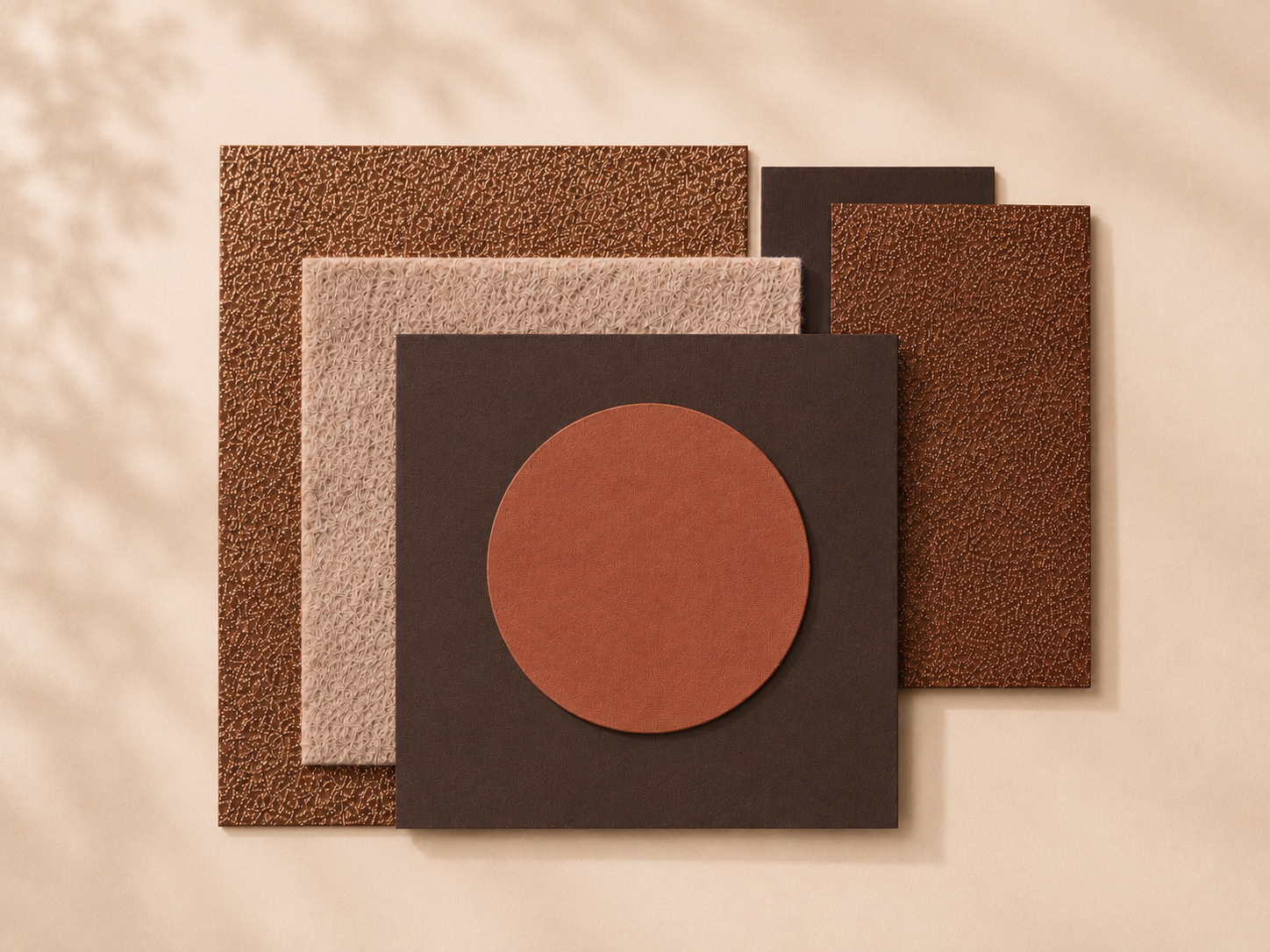 Arrangement of five textured and colored paper or cardboard sheets in shades of brown, black, and beige, with a circular cutout on the front sheet, all placed on a light beige background.