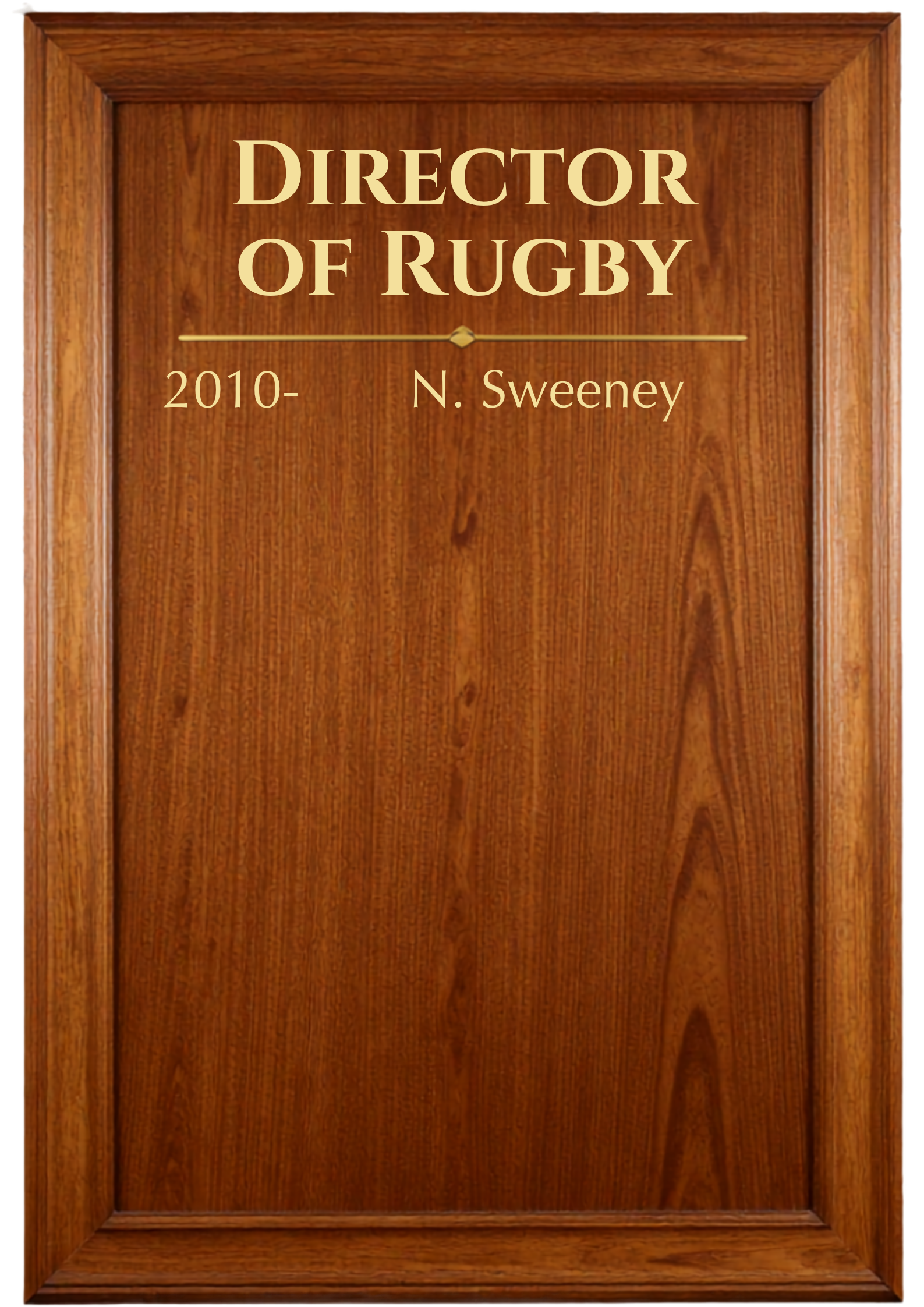 An oak board showing the names of the Old Georgian's Rugby Club Director of Rugby from 2010 onwards