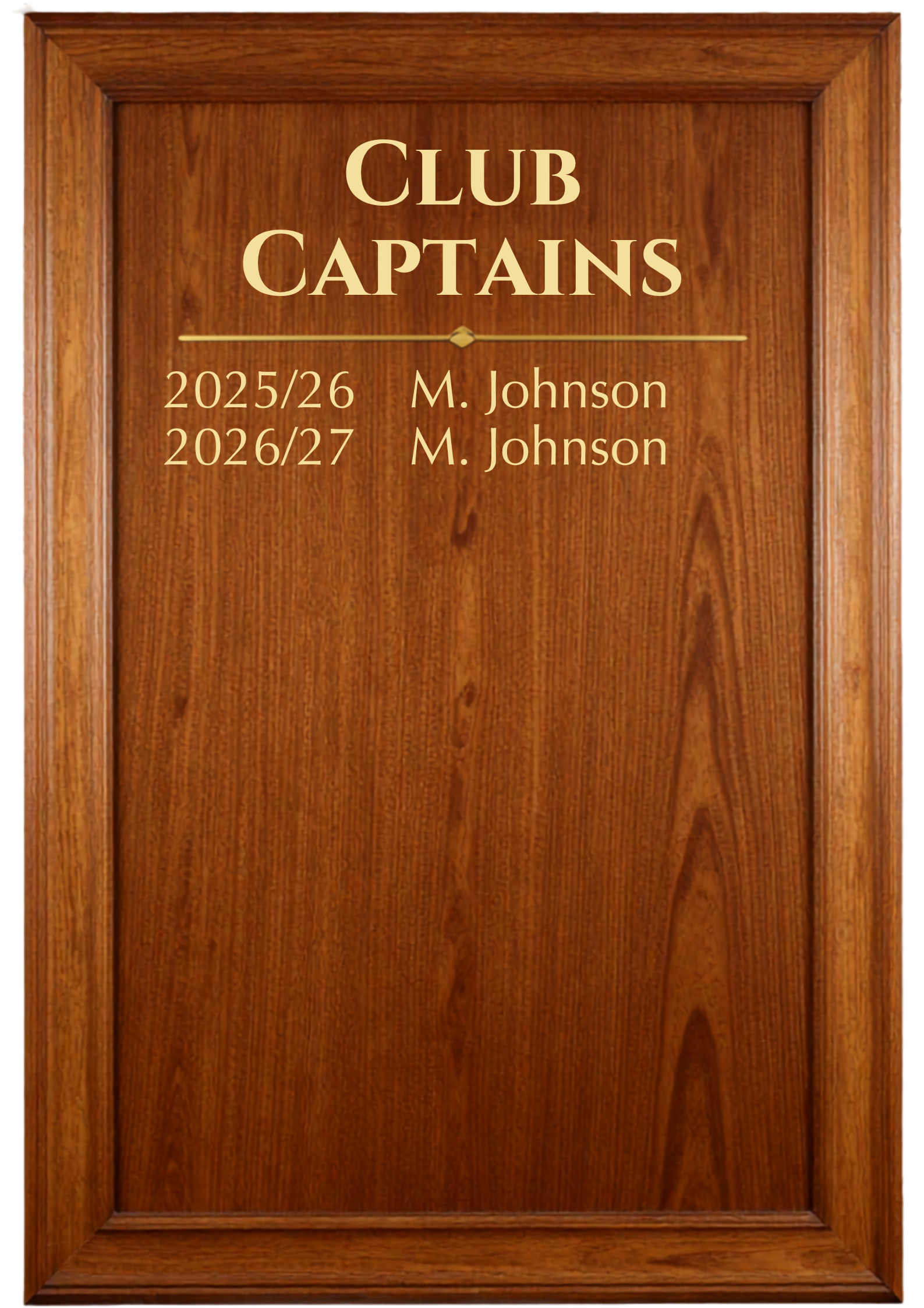 An oak board showing the names of Old Georgian's Rugby Club players who have captained the first team - 2025 onwards