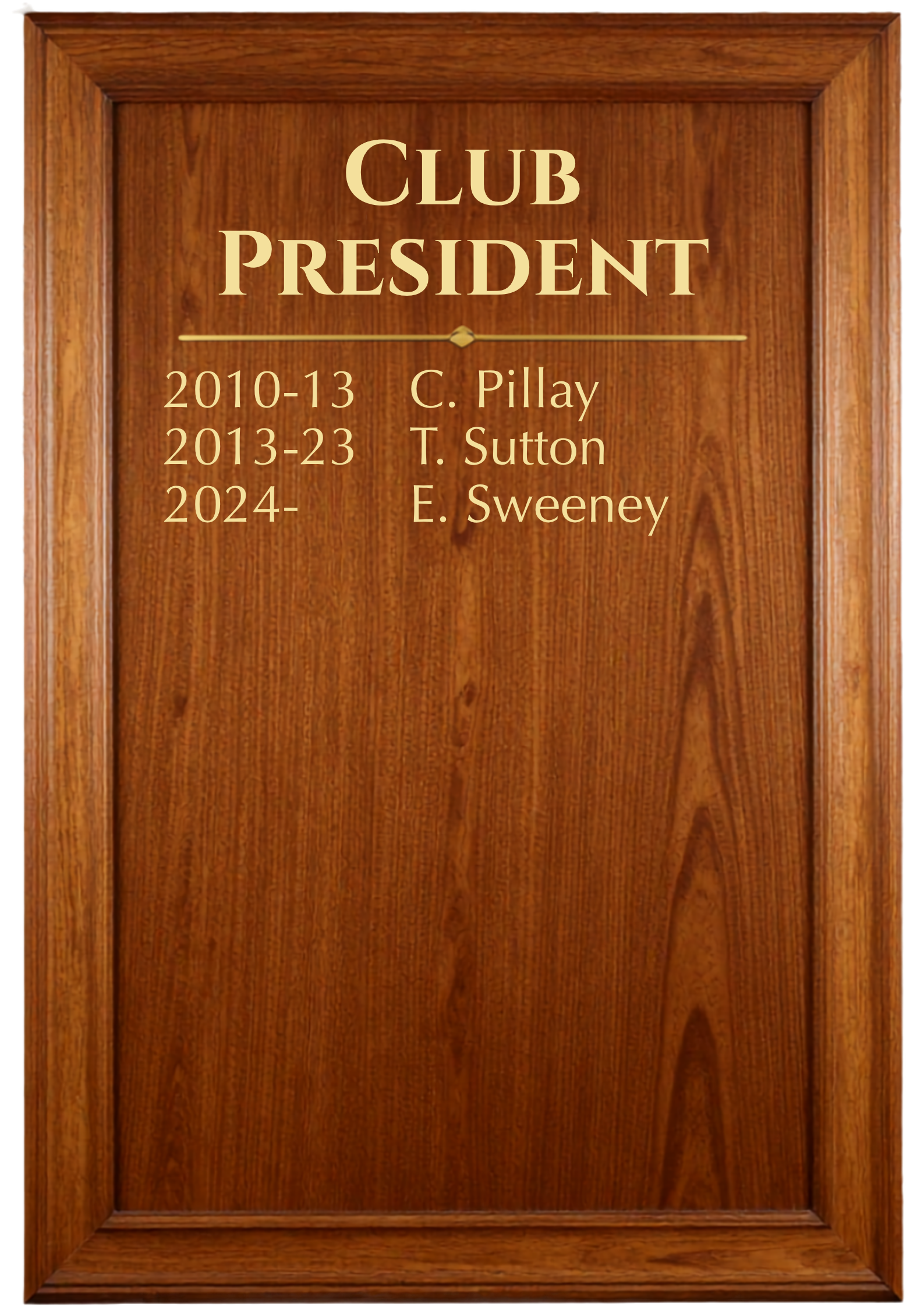 An oak board showing the names of the Old Georgian's Rugby Club President from 2010 onwards