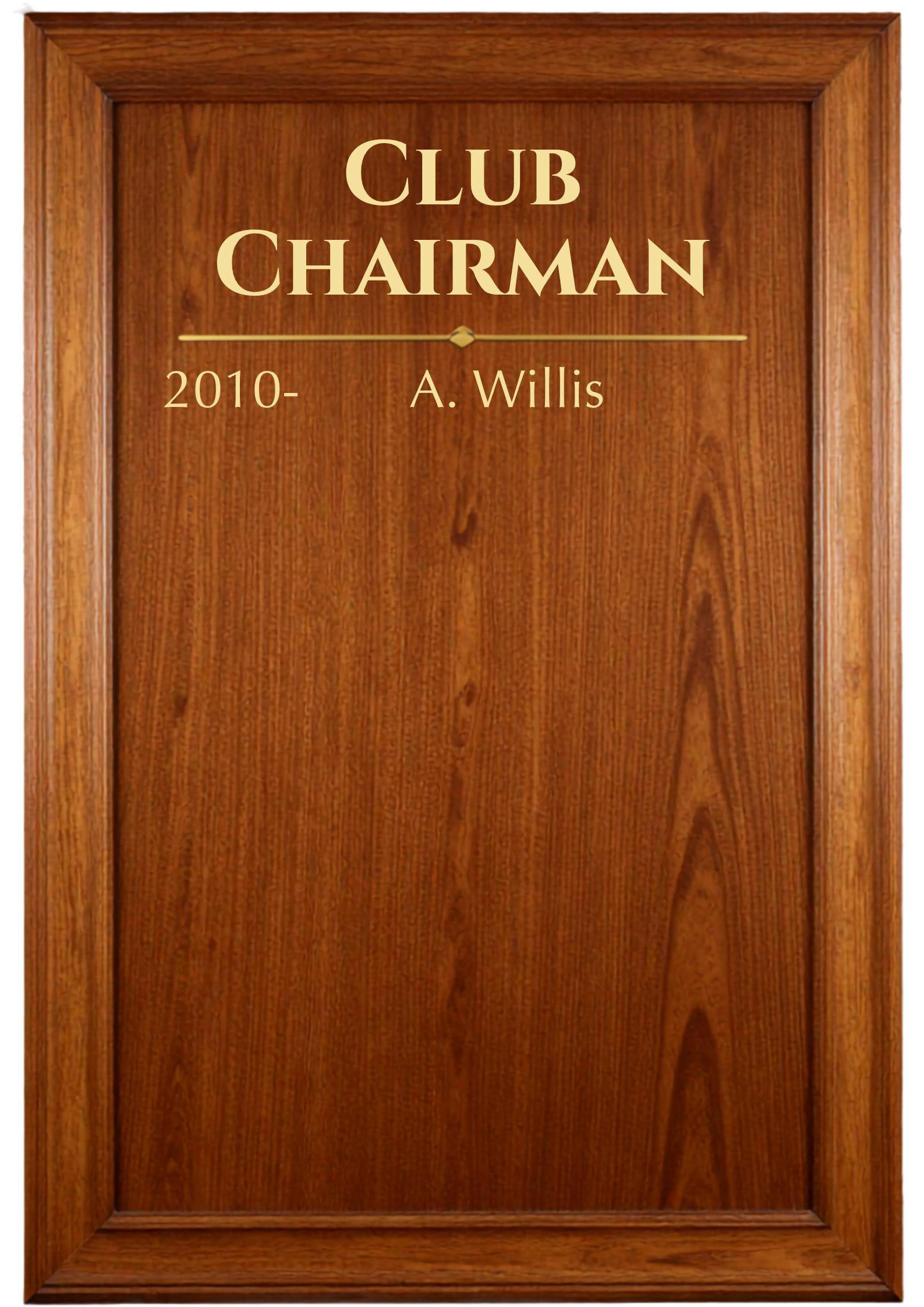 An oak board showing the names of the Old Georgian's Rugby Club Chairman from 2010 onwards