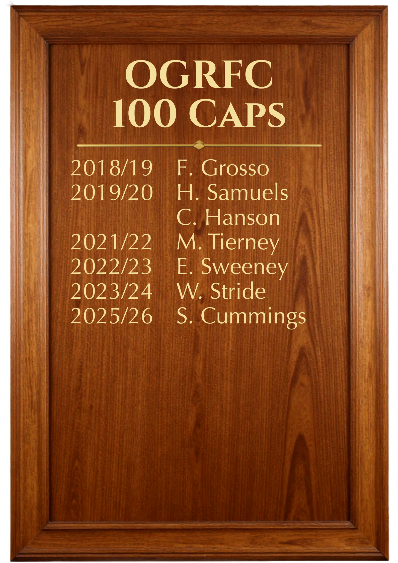 An oak board showing the names of Old Georgian's Rugby Club players who have reached 100 appearances for the club
