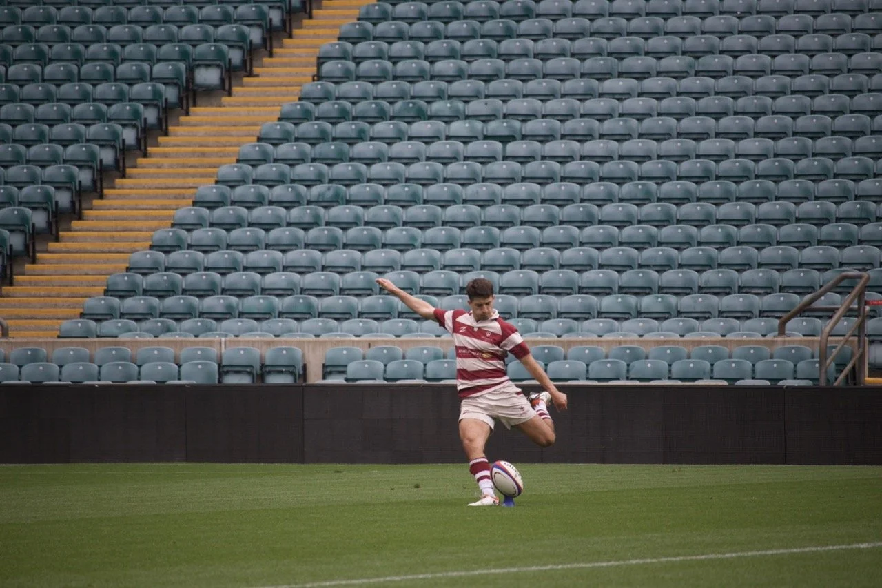 Matthew Johnson of Old Georgian's RFC, Weybridge, takes a kick at goal during the RFU 2025 Community Cup Final at Allianz Stadium, Twickenham