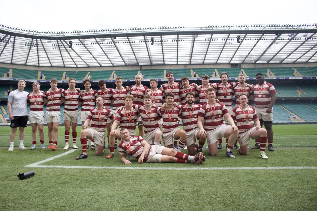 Old Georgian's RFC Team Photo with medals around all the players necks having just played in the RFU Community Cup Final at Allianz Stadium, Twickenham