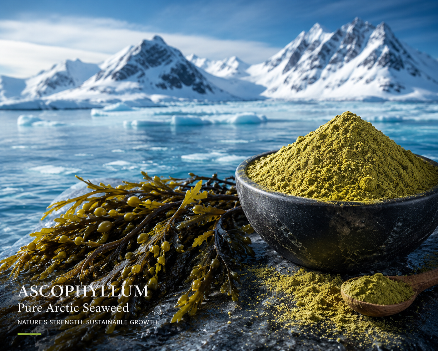 A bowl of pure Arctic seaweed powder with seaweed strands beside it, set against a backdrop of icy Arctic landscape with snow-covered mountains, glaciers, and iceberg-filled water.