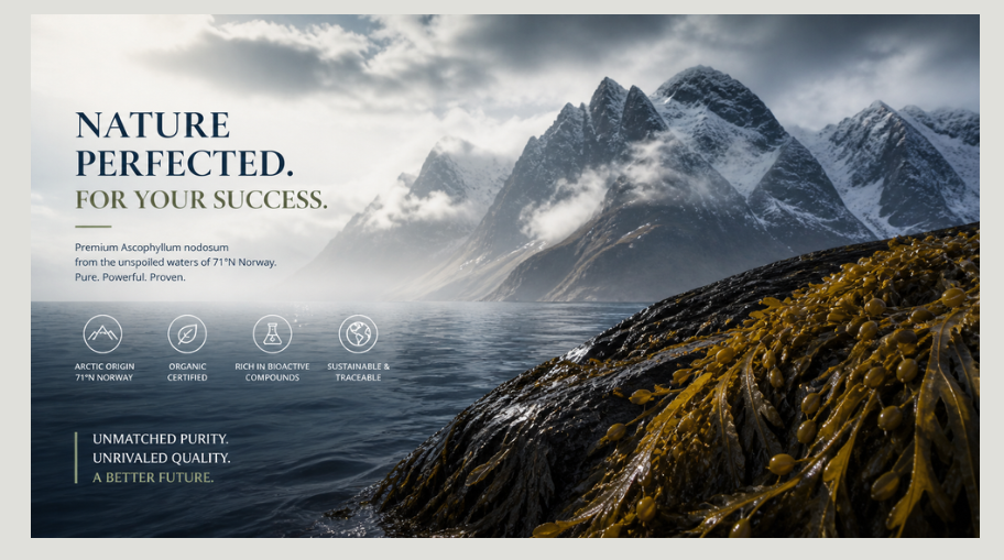 Mountain landscape with near water, seaweed in foreground, and promotional text about nature and purity, highlighting Arctic origin, organic certification, and sustainable compounds.