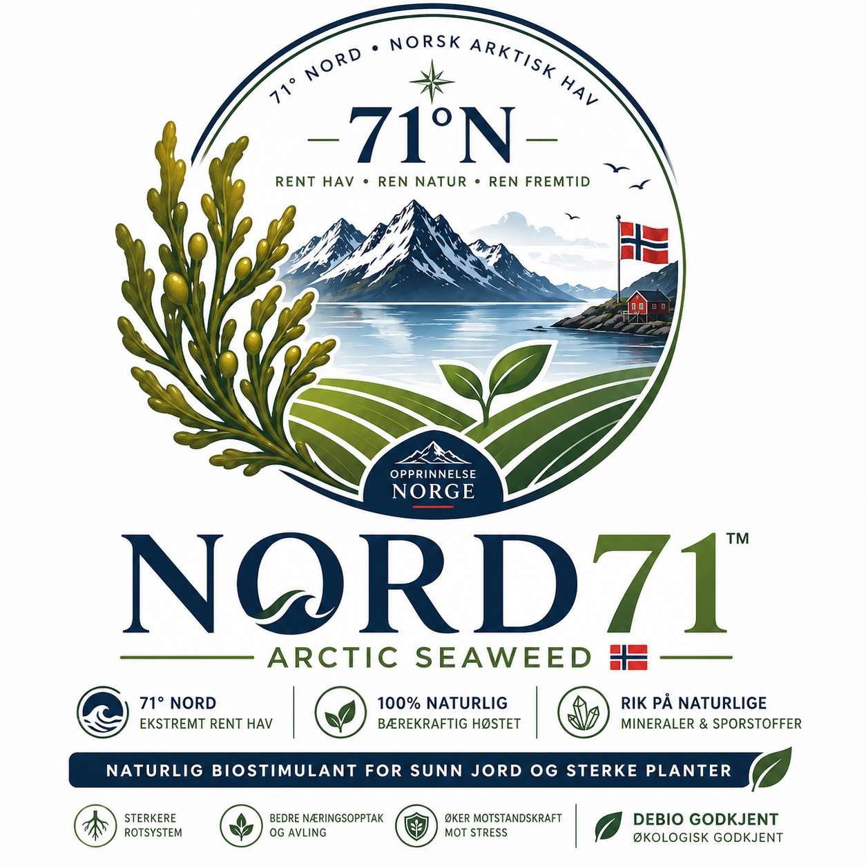Label for North 71 Arctic Seaweed from Norway featuring mountain landscape, ocean, Norwegian flag, and green plants, emphasizing natural and sustainable ingredients.