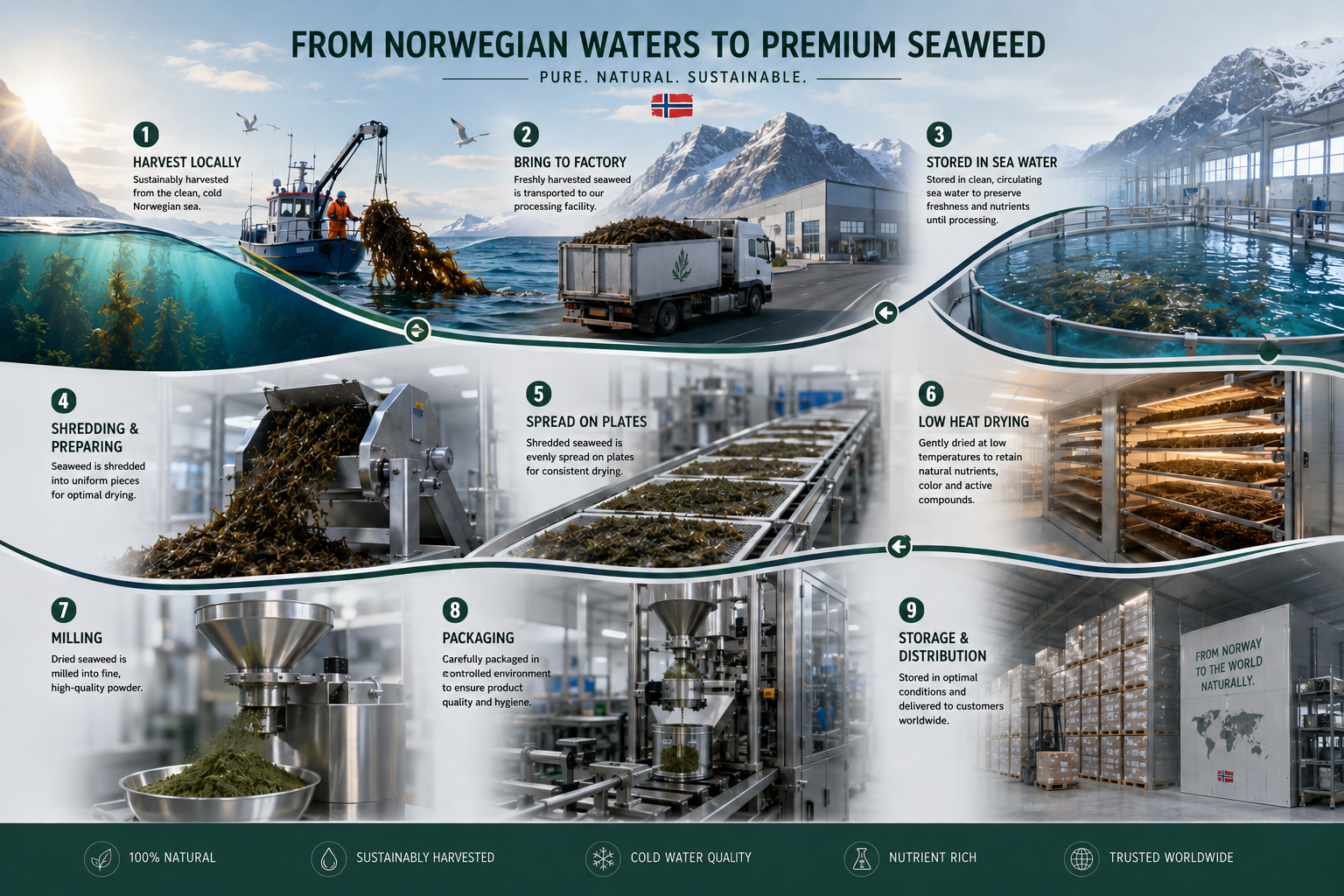 Infographic showing the process of turning Norwegian seawater into premium seaweed products, from harvesting, transportation, storage, shredding, drying, milling, packaging, to storage and distribution.