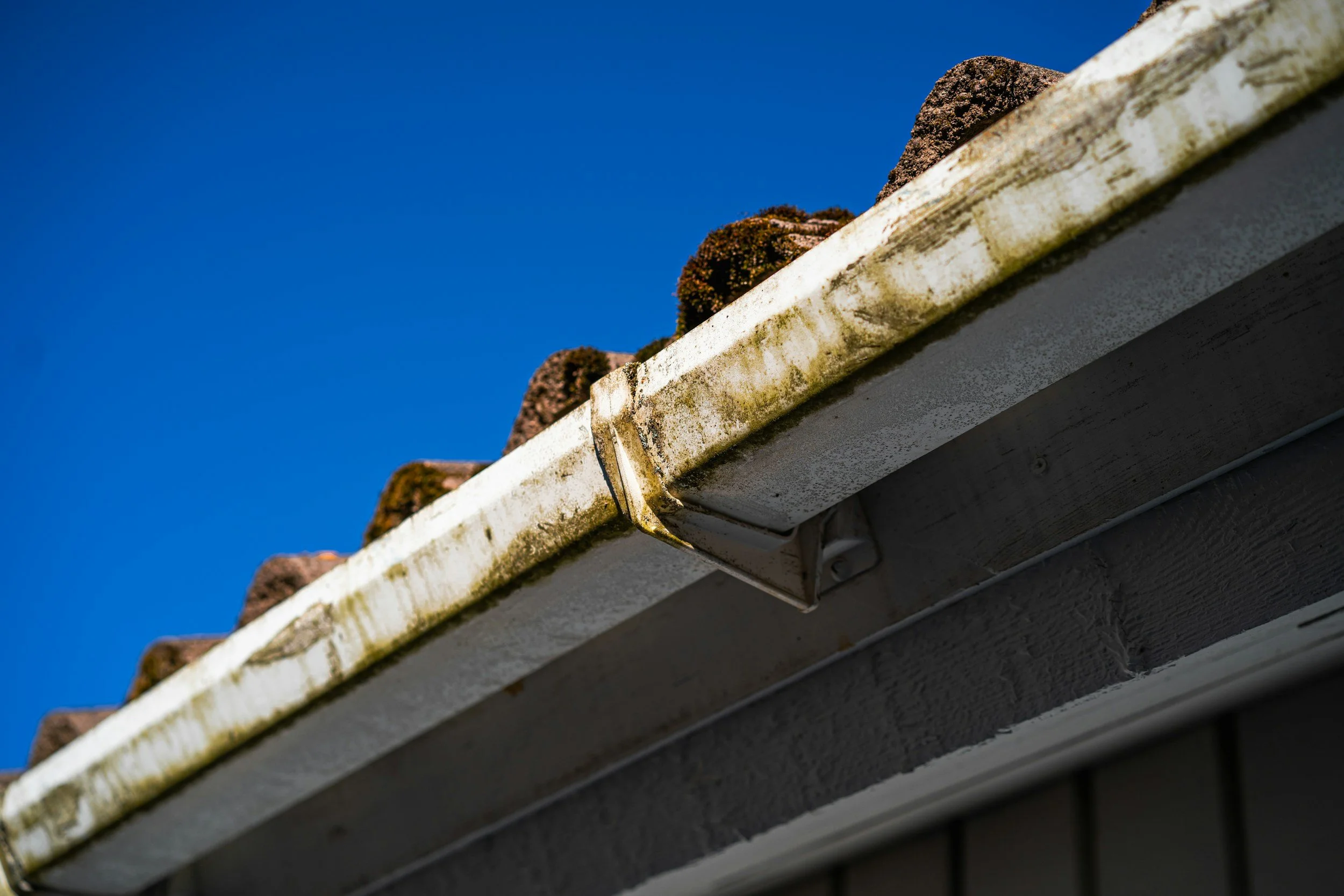 Close-up of a weathered roof edge with tiles and moss against a clear blue sky.