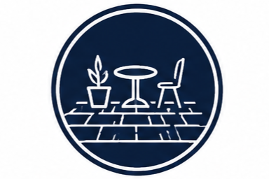 Minimalist icon of a small round table with a potted plant and a chair on a tiled floor, inside a dark circle.