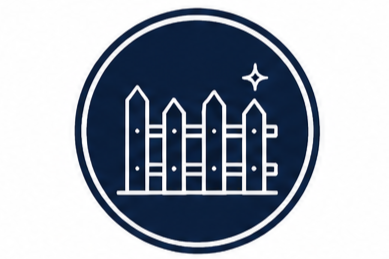 Logo featuring four picket fences with a star in the top right corner, enclosed in a circle.