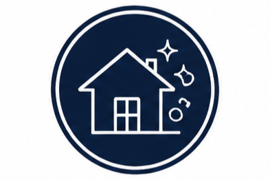 Icon of a house inside a circle with sparkles and stars, representing cleaning or home services.