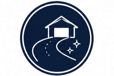 Circular logo with a house on a hill, a winding path, and two sparkles inside.