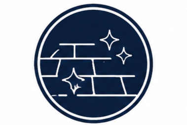 A circular logo with a brick wall and stars around it, all in white on a navy blue background.