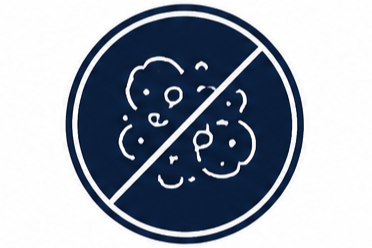 An icon with a cross through a bacteria particle, representing mold / mildew removal
