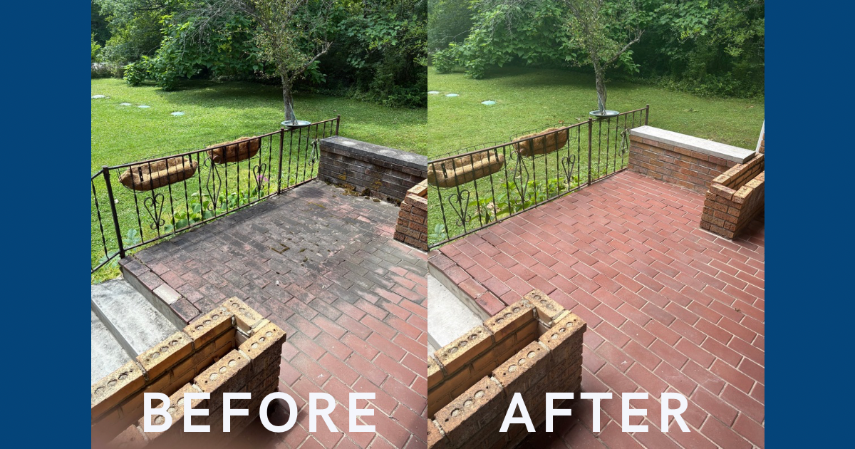 Side-by-side comparison of a porch before and after cleaning; the before side shows dirt and grime on brick flooring, while the after side shows clean, reddish brick flooring with a tidy appearance.