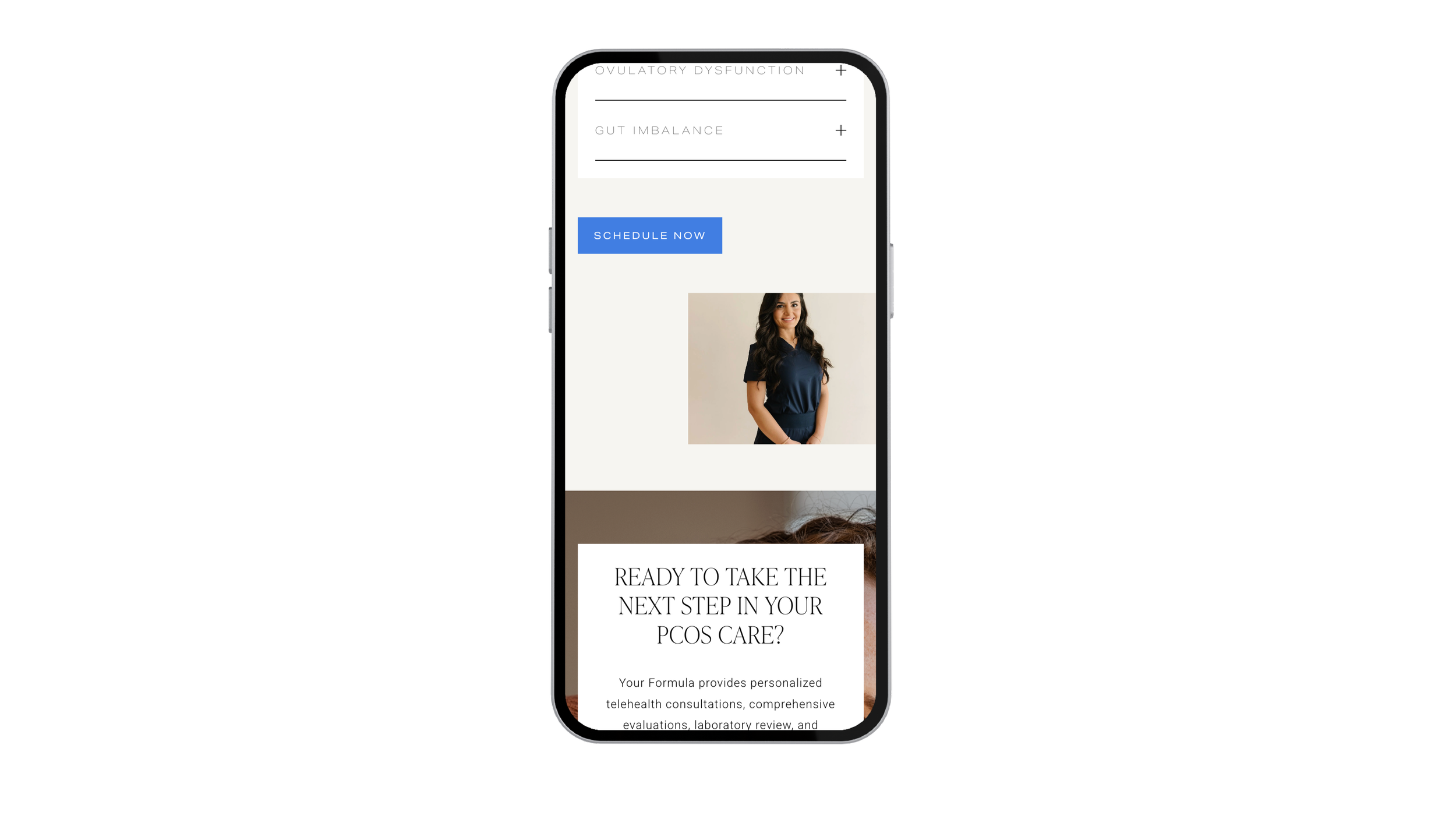 Smartphone screen displaying a healthcare or medical service webpage with a blue 'Schedule Now' button, an image of a smiling woman, and a headline about taking the next step in PCOS care.