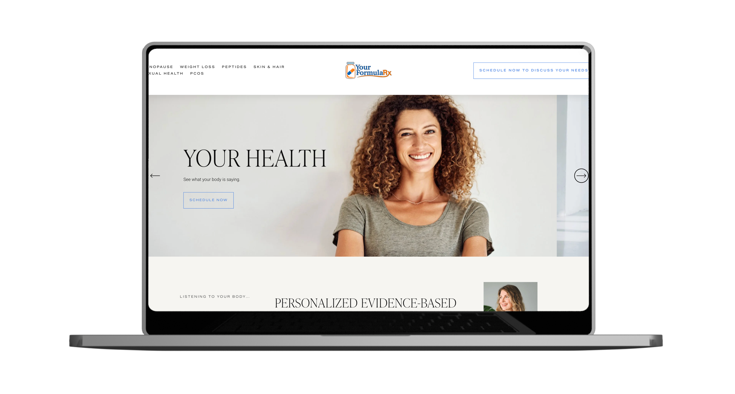 Laptop screen displaying a health-related website with a smiling woman and the text "Your Health".