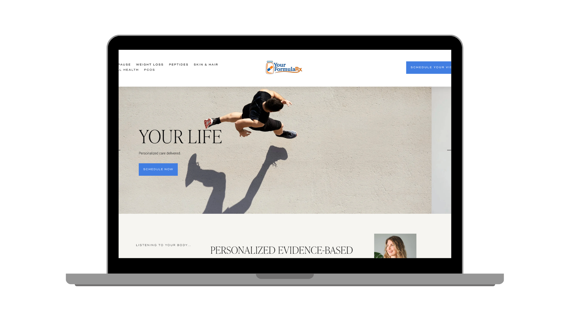 A website homepage displayed on a laptop screen featuring a man jumping in the air with shadows on a concrete surface, with text reading 'Your Life' and a blue 'Schedule Now' button.
