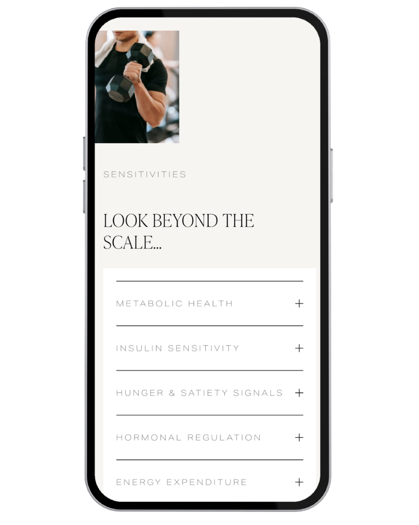 A smartphone screen displaying an app about health sensitivities, with a photo of a woman lifting dumbbells in the top left corner and various health topics listed below.