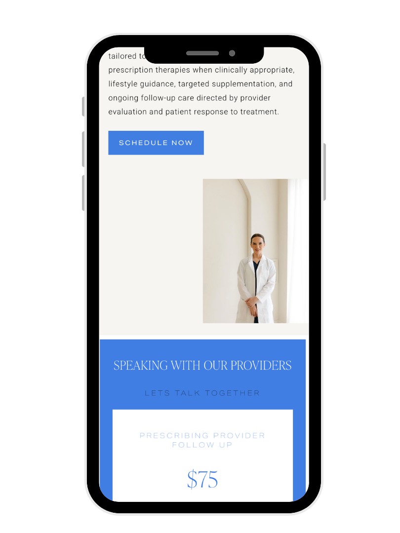 A smartphone screen displaying a healthcare service appointment webpage with a 'Schedule Now' button, an image of a female doctor standing in a bright room, and text about speaking with providers and a $75 fee.