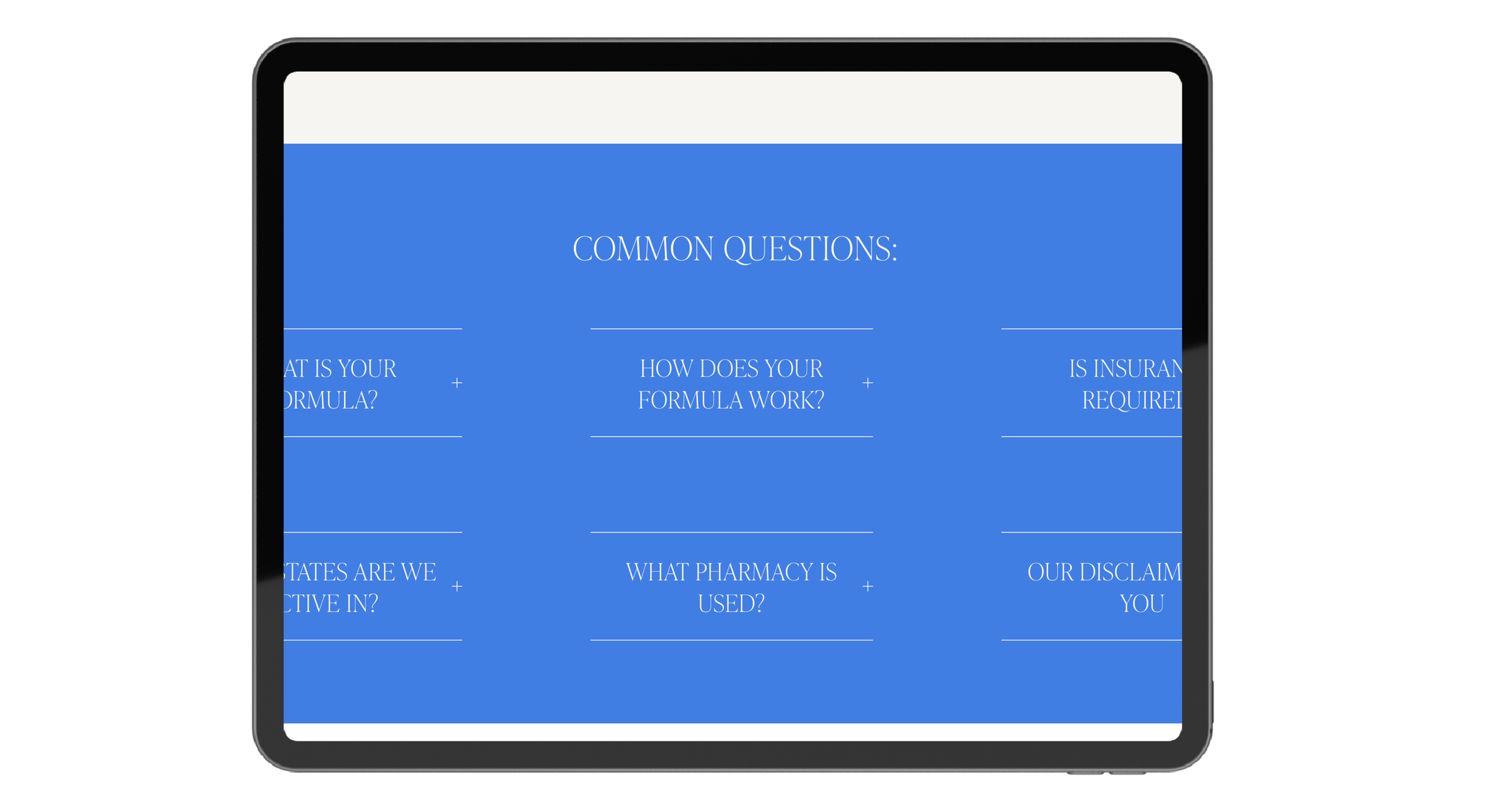 A tablet displaying a blue FAQ page with white text, titled 'COMMON QUESTIONS:', listing questions about insurance formulas, pharmacy use, and state regulations.