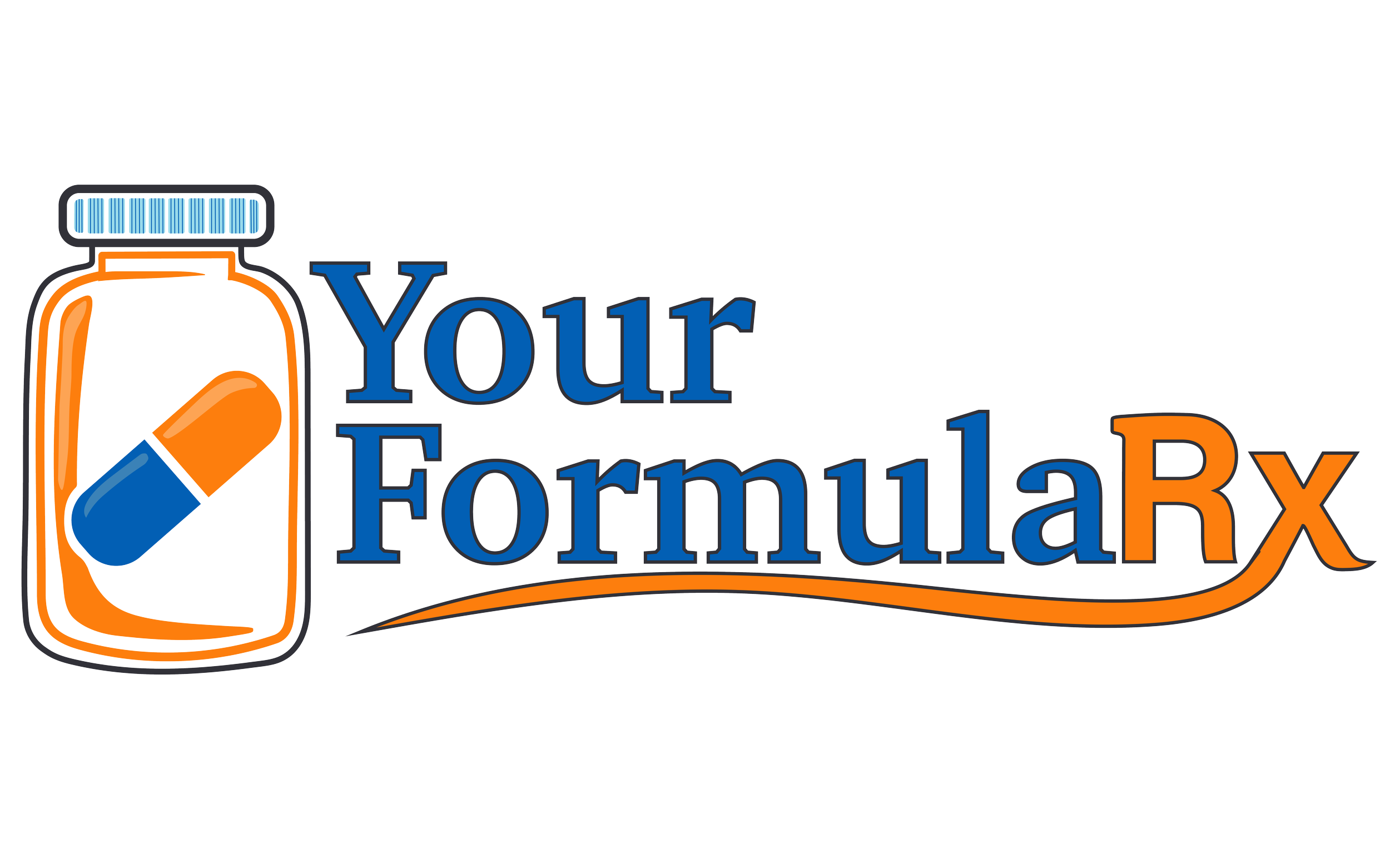 Logo with a pill bottle and the text "Your FormulaRx" in blue and orange