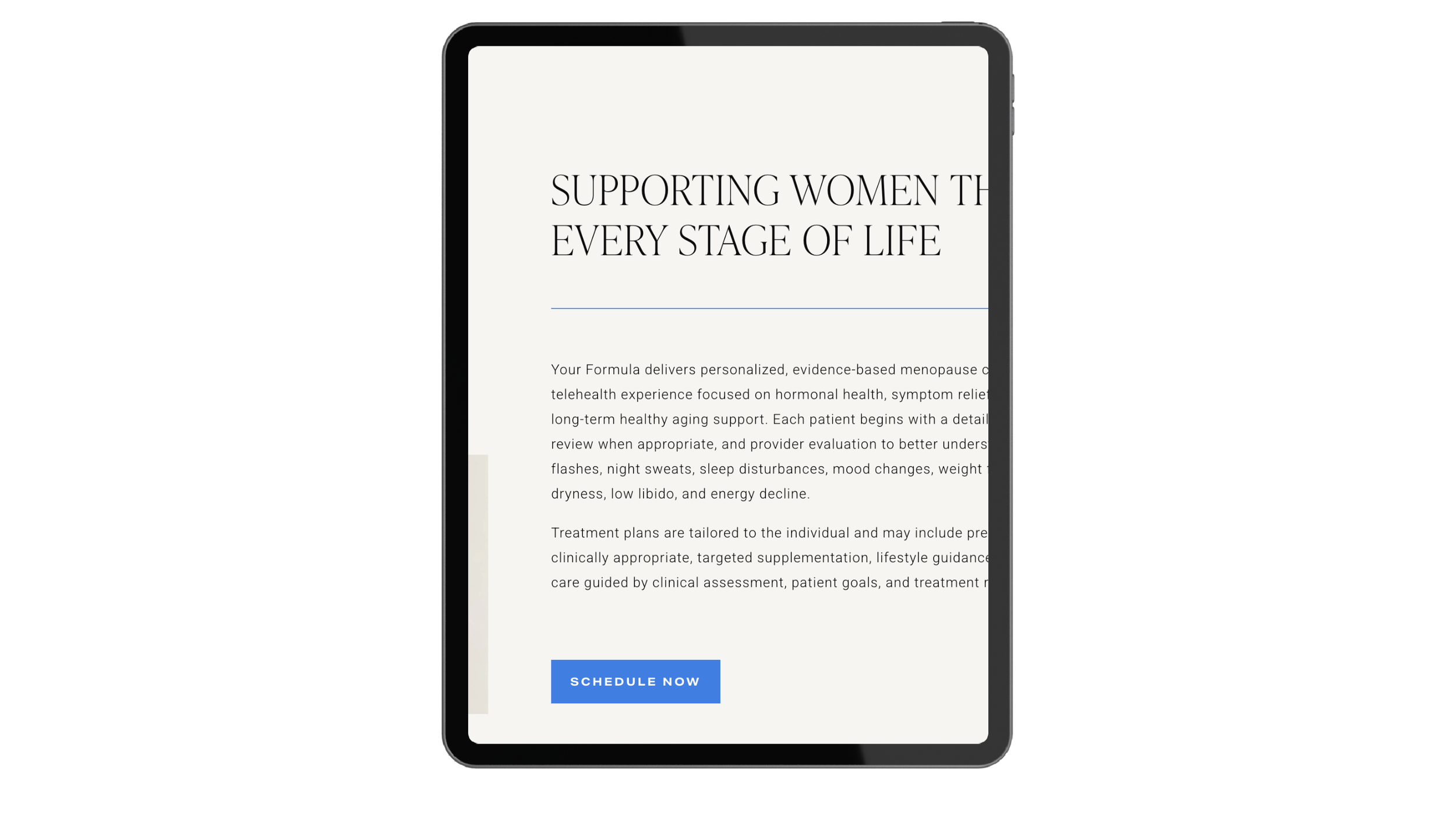 Smartphone screen displaying a webpage with the headline "Supporting women th... of life" and a blue "Schedule Now" button at the bottom.