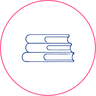 Outline of a stack of five books inside a pink circle.