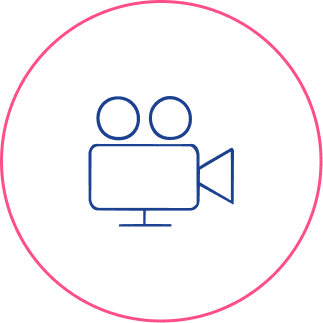 Icon of a video camera inside a circle with a pink border.