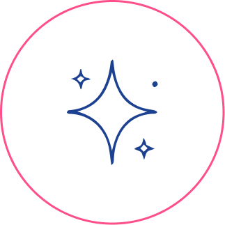 A black circle with a pink outline containing a stylized blue star and smaller stars and dots.