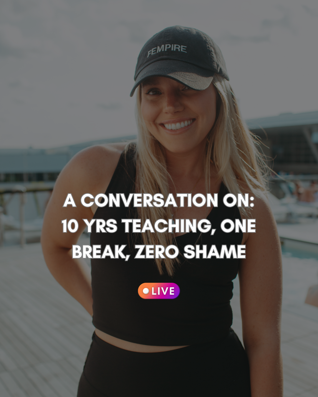 A smiling woman wearing a black cap with the word 'FEMPRESS' and a black tank top, outdoors by a marina with boats in the background, promotional text for a live discussion.