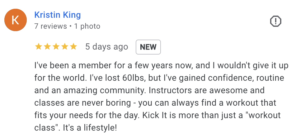 Screenshot of a 5-star review by Kristin King about her experience with Kick It fitness program, praising the community, instructors, and lifestyle changes.
