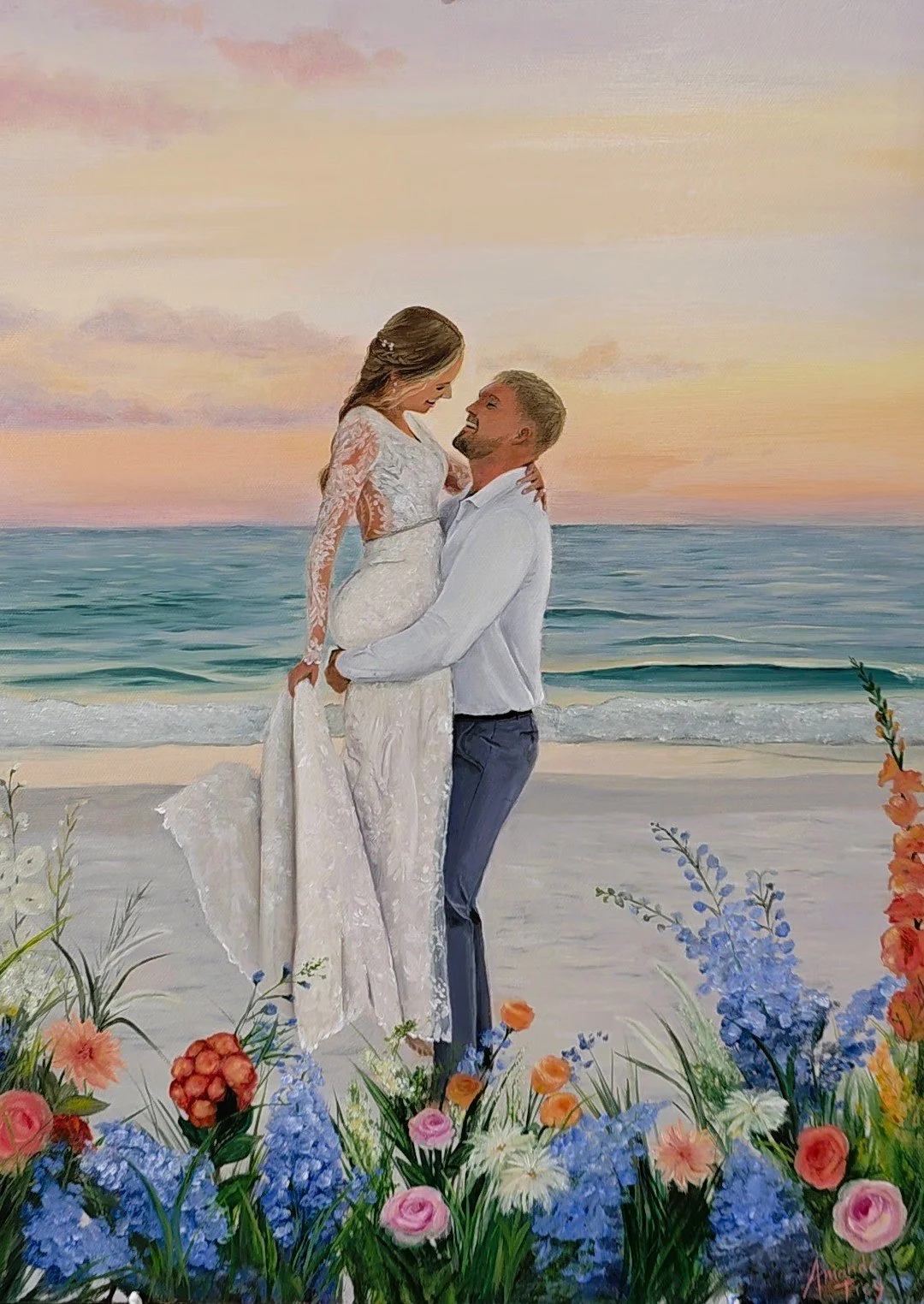 A painting of a newlywed couple at the beach during sunset. The woman, in a white lace wedding dress, is lifted by the man, in a white shirt and gray pants. They are smiling and looking at each other. The foreground is decorated with colorful flowers, and the background shows the ocean with a soft sky.