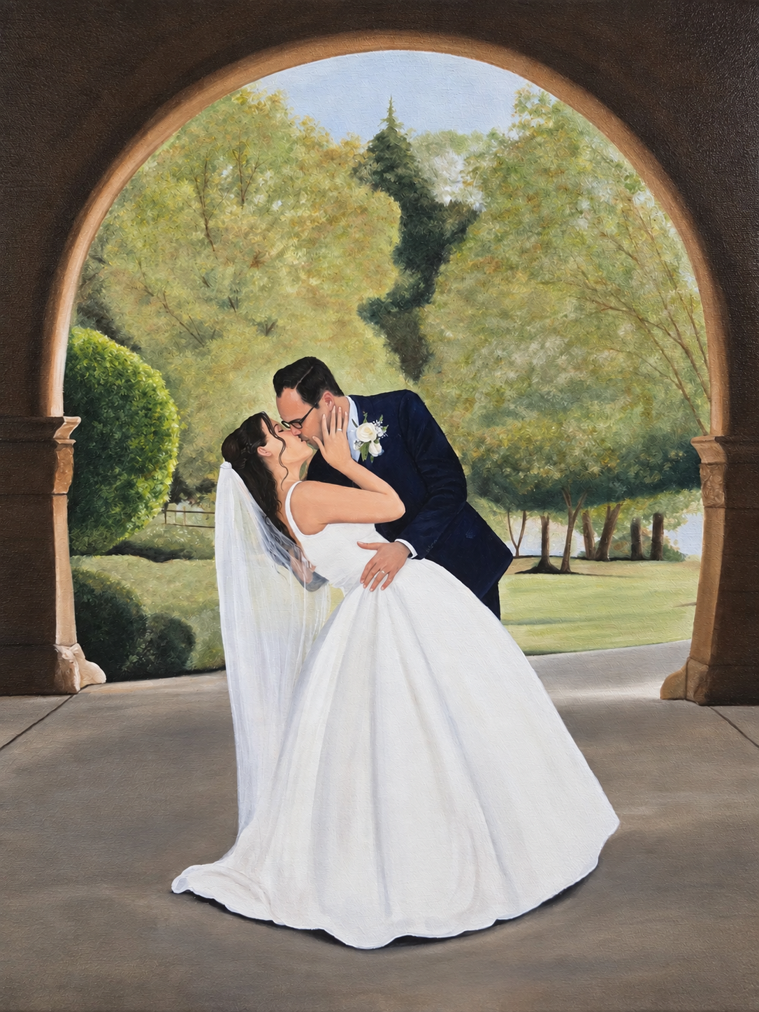 Painting of a bride and groom kissing under an archway with trees and greenery in the background.